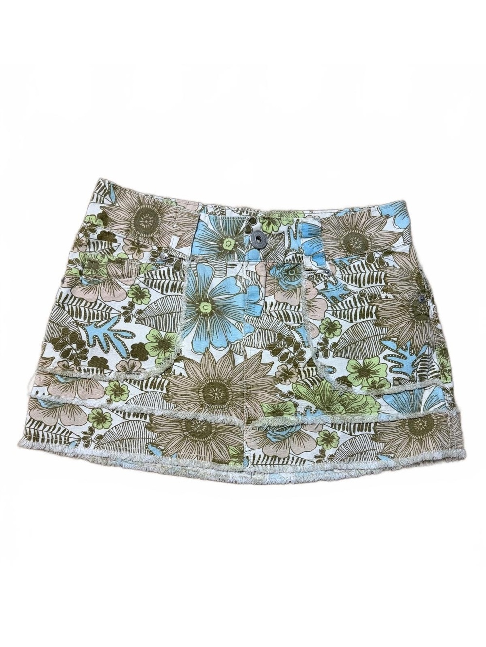 Hang Ten Euro Skirt Women's Size M Floral Denim Mini Low Rise Y2K Frayed Hem